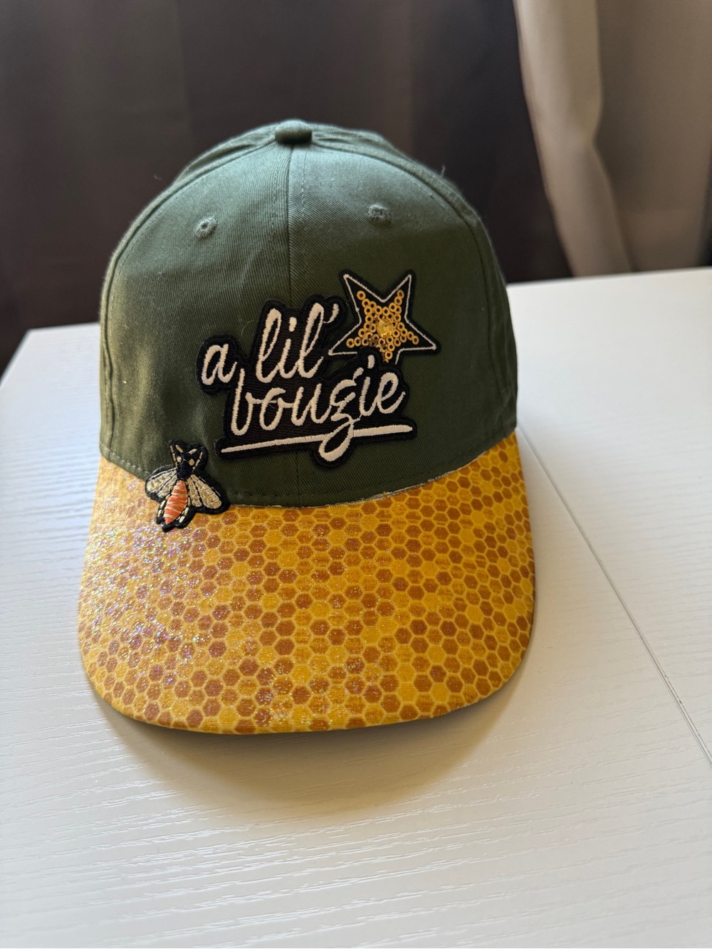 Olive Green Honey Yellow 'a lil bougie' Patch Hat Cap Adjustable Velcro Back OS